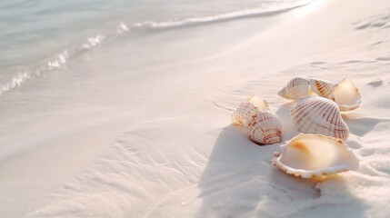 Seashells scattered on pristine white sand evoke a serene coastal atmosphere, ideal for summer getaways and exotic beach imagery.