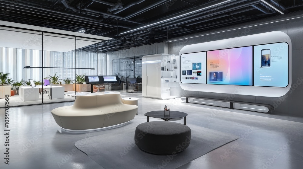 Poster picture an ai-driven workspace where an assistant helps a designer by analyzing trends and generatin