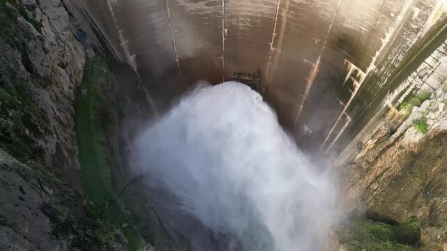 Dam releasing water. Slow motion aerial view of water outlet from the dam. Howell Bunger valve in operation in vault dam. Quentar Reservoir. Spain.