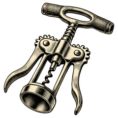 Vintage corkscrew illustration, antique corkscrew engraving with intricate details, isolated on transparent background. Black and white PNG