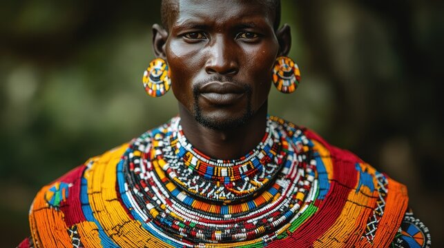 Samburu tribesman in vibrant traditional attire adorned with intricate beaded jewelry and distinctive elongated earlobes, reflecting rich cultural heritage.