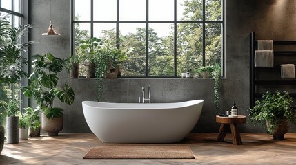 Fototapeta premium Elegant modern bathroom design with freestanding tub surrounded by greenery and natural light