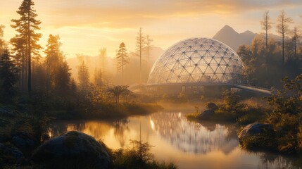 Fototapeta premium Futuristic geodesic dome reflected in a serene forest lake at sunrise.