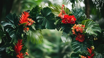 Tropical wedding arch featuring lush green leaves and vibrant red flowers, perfect for a romantic outdoor ceremony setting.