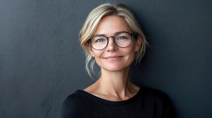 Fototapeta premium Confident Woman Smiling in Fashionable Outfit with Glasses