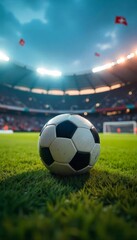 Naklejka premium Soccer Ball in a Stadium with Lights. A classic black and white soccer ball on green grass in the center of a stadium, illuminated by spotlights