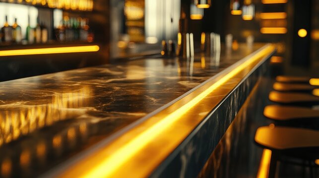 Modern luxurious bar counter with sleek marble surface and warm ambient lighting, perfect for elegant interior design and upscale beverage settings
