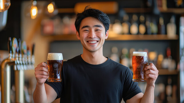 Happy young man holding beers in lively bar setting - Powered by Adobe