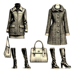 Vintage woman fashion illustration, retro coat, boots, and handbag sketch with classic style engraving, isolated on transparent background, Black and white PNG