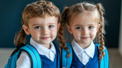 Portrait of two smiling school children with backpacks in classroom