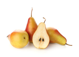 Whole and cut ripe pears isolated on white