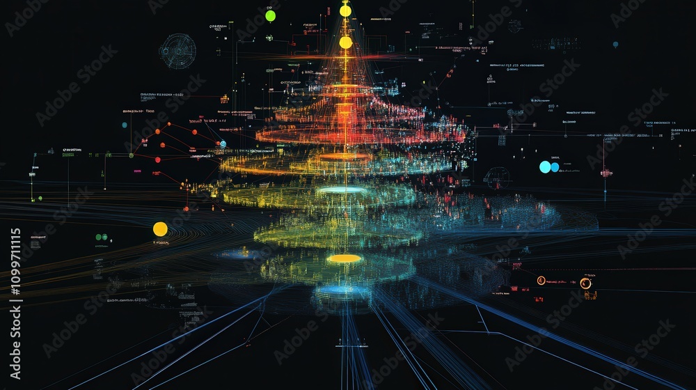 Aufkleber the complex layers of an ai network as data flows through, each layer adding accuracy and intelligen