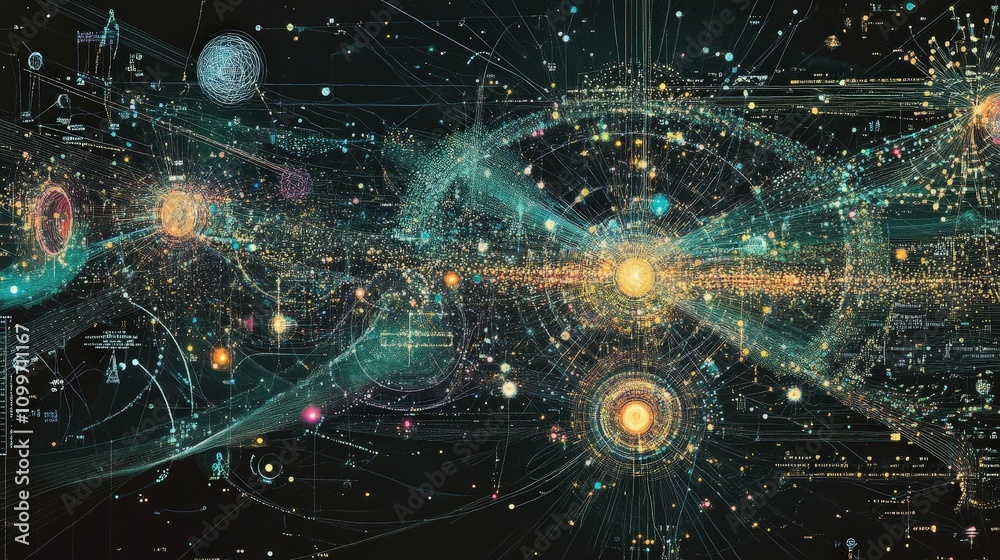 Aufkleber the complex layers of an ai network as data flows through, each layer adding accuracy and intelligen