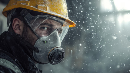 Fototapeta premium Construction worker wearing a safety mask and helmet on site