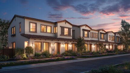 Obraz premium Elegant two-story multi-unit residences in a suburban setting featuring warm lights, landscaped gardens, and a picturesque sunset backdrop.