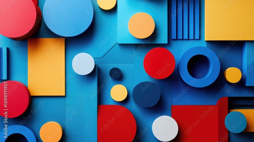 Poster abstract 3d geometric shapes in vibrant colors, floating in space with soft shadows, creating a play
