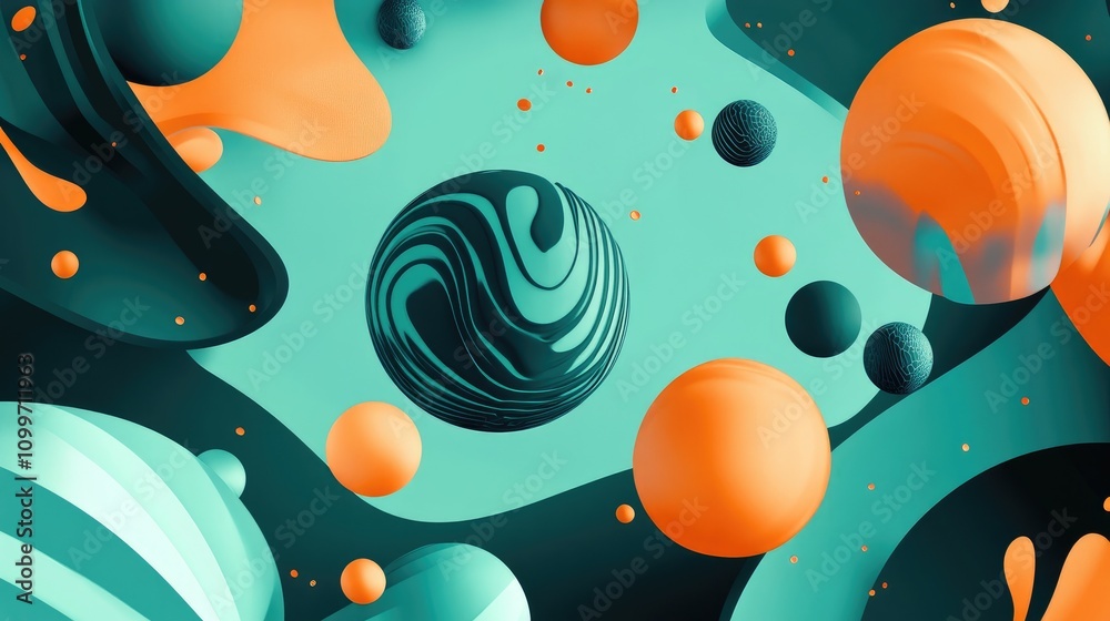 Poster abstract 3d geometric shapes in vibrant colors, floating in space with soft shadows, creating a play
