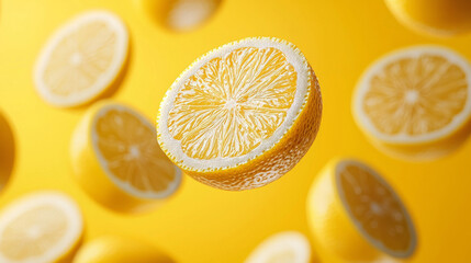 Fresh lemon slices floating in air against vibrant yellow background