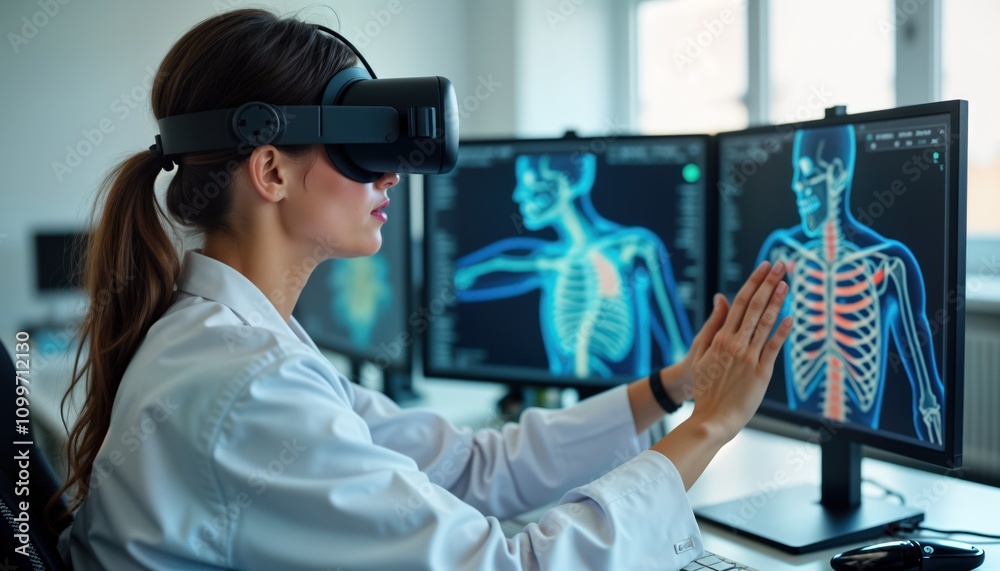 Poster female scientist wearing vr headset interacts with advanced anatomical software on computer screens.