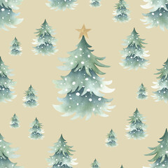 Obraz premium Christmas trees snow-covered with festive golden star decoration on top, forest winter landscape. Hand drawn watercolor seamless pattern on beige for New Year festive packaging paper and textile.