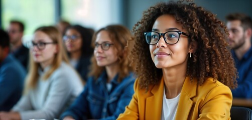 Fototapeta premium Diverse group of young adults attending educational seminar. Attendees focus on speaker. Casual attire. Focused on learning. Multiracial group. Pro development. Engaging audience. Productive meeting.