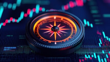 Dark Background with Compass and Financial Graphs in Technology Setting