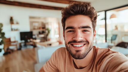 Fototapeta premium Smiling young man taking a selfie in a cozy living room