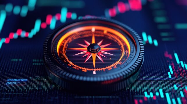Dark Background with Compass and Financial Graphs in Technology Setting