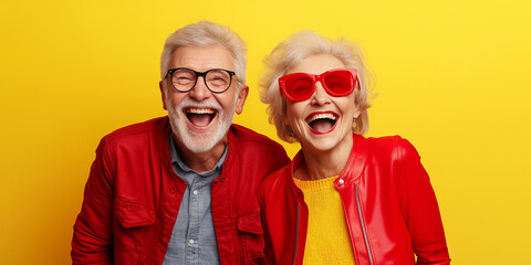 Obraz premium Crazy smiling senior couple with glasses, isolated yellow color background, image with space for text 