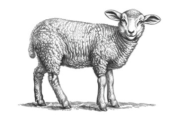 Fototapeta premium Sheep, lamb. Vintage retro print, black white sheep lamb sketch ink pencil style drawing, engrave old school. Sketch artwork silhouette farm sheep lamb. Side view profile. Illustration