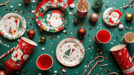 Visualize a Christmas party scene with an array of festive supplies. Paper plates with Santa and reindeer designs, red and green cups,