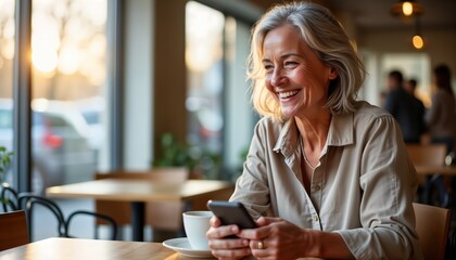Happy mature woman relaxing in cafe. She smiles happily while using her smartphone. She sits at table enjoying coffee. Cafe has bright, relaxed ambiance. She appears content, enjoys her time indoors.