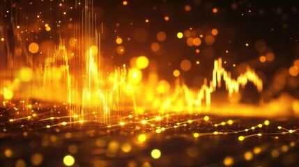 Naklejka premium Abstract gold price graph on a dark screen, with glowing golden lines forming peaks and valleys representing market changes