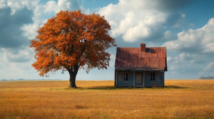 Obraz premium Rustic wooden cabin with yellow tree and field of wildflowers, countryside landscape, peaceful autumn scenery, rural charm, cozy home, idyllic nature view.