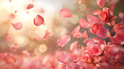 Falling pink rose petals create romantic garden scene, evoking beauty