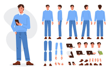 Business man character constructor for animation. Front, side and back view set. Body parts, postures, poses collection. Vector illustration.
