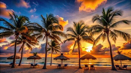 Obraz premium Vintage Cancun Mexico Tropical Vacation Destination with Silhouettes, Palm Trees, Beaches, Sunsets, and Exotic Vibes for Travel Lovers and Beach Enthusiasts