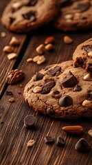 Fototapeta premium Delicious chocolate chip cookies with nuts on a rustic wooden surface.