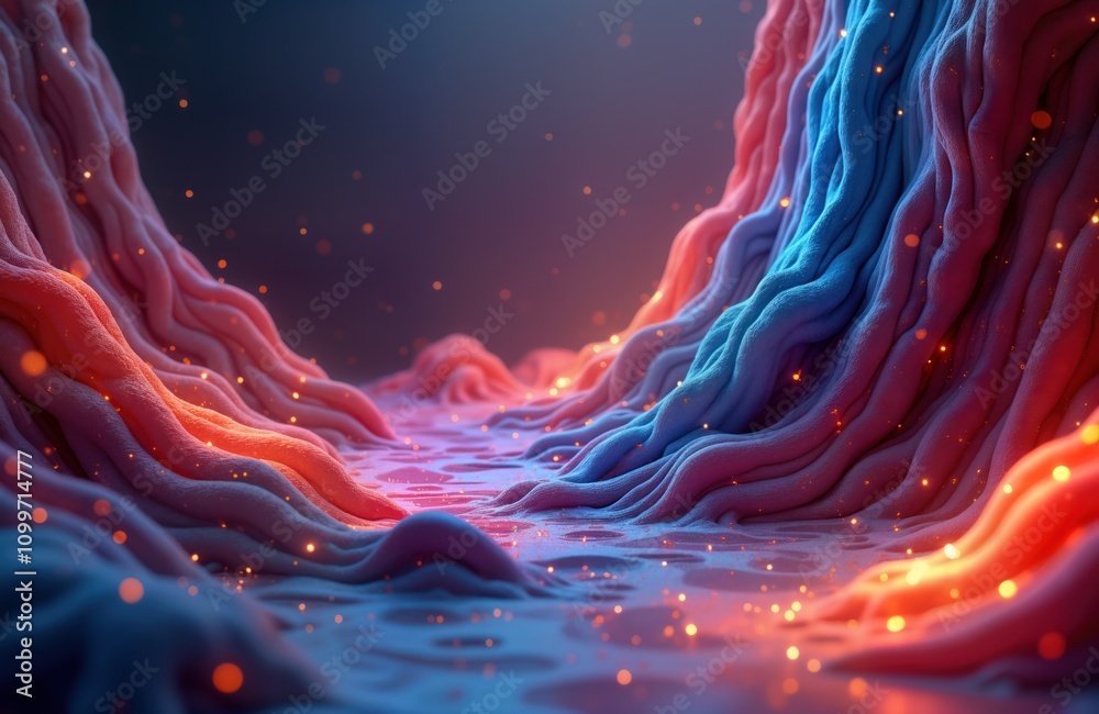 Poster Abstract 3D design landscape. Vivid colors create dynamic shapes. Glowing particles create ethereal effect. Colorful landscape in 3D style. Fluid forms, vibrant glow add futuristic look. Modern