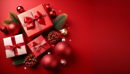 Obraz premium Christmas vertical gifts and ornaments create a festive atmosphere, perfect for holiday celebrations. The vibrant red background enhances the joyful and cheerful mood of the season,copy text space