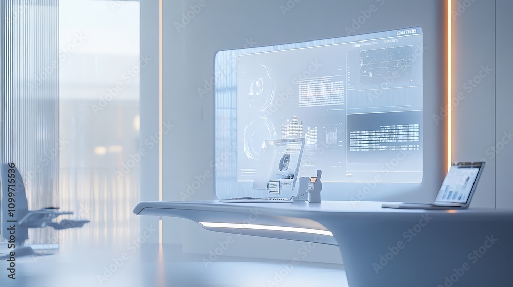 Poster visualize a professional workspace where an ai software is used to analyze data on a large, transpar