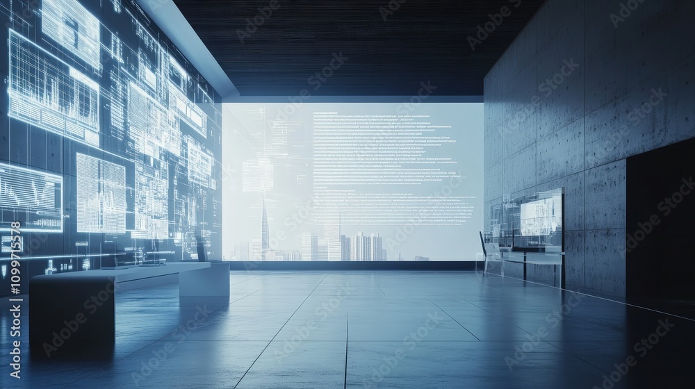 Poster visualize a professional workspace where an ai software is used to analyze data on a large, transpar