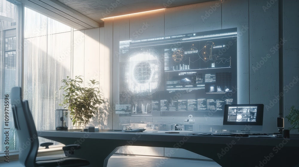 Poster visualize a professional workspace where an ai software is used to analyze data on a large, transpar