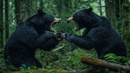 Obraz premium Two black bears face each other in an intense confrontation deep within a dense forest, showcasing sharp claws and teeth amidst vibrant greenery and moss-covered trees.