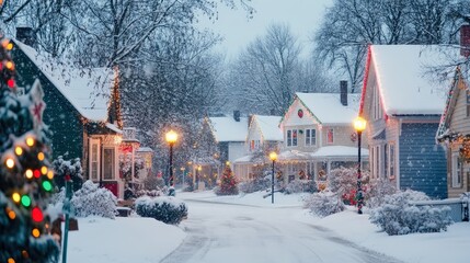 Fototapeta premium Visualize a small town on Christmas Day, where snow is gently falling, covering rooftops and gardens in white.