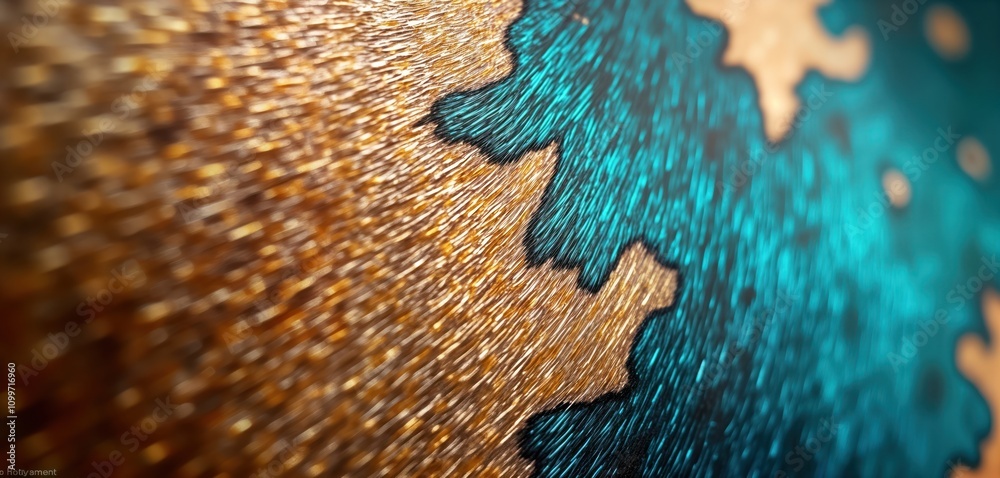 Poster closeup view of holographic cowhide texture. abstract pattern with golden, teal tones. trendy design