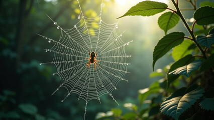 Obraz premium Morning dew on a spiderweb glistening in sunlight.
