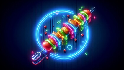 neon glowing skewer of vegetables and meat floating over sleek, metallic blue background with gradient glow