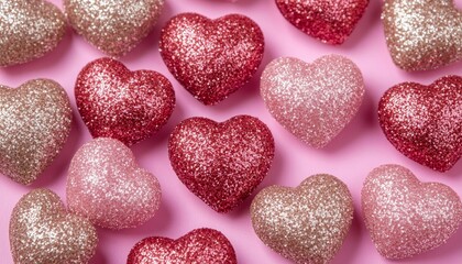 Fototapeta premium Sparkling Valentines Day Hearts A Romantic Festive Flat Lay Design on Pink Background