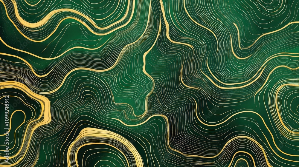 Poster an intricate pattern of fluid lines and shapes in shades of green and gold, forming an elegant abstr